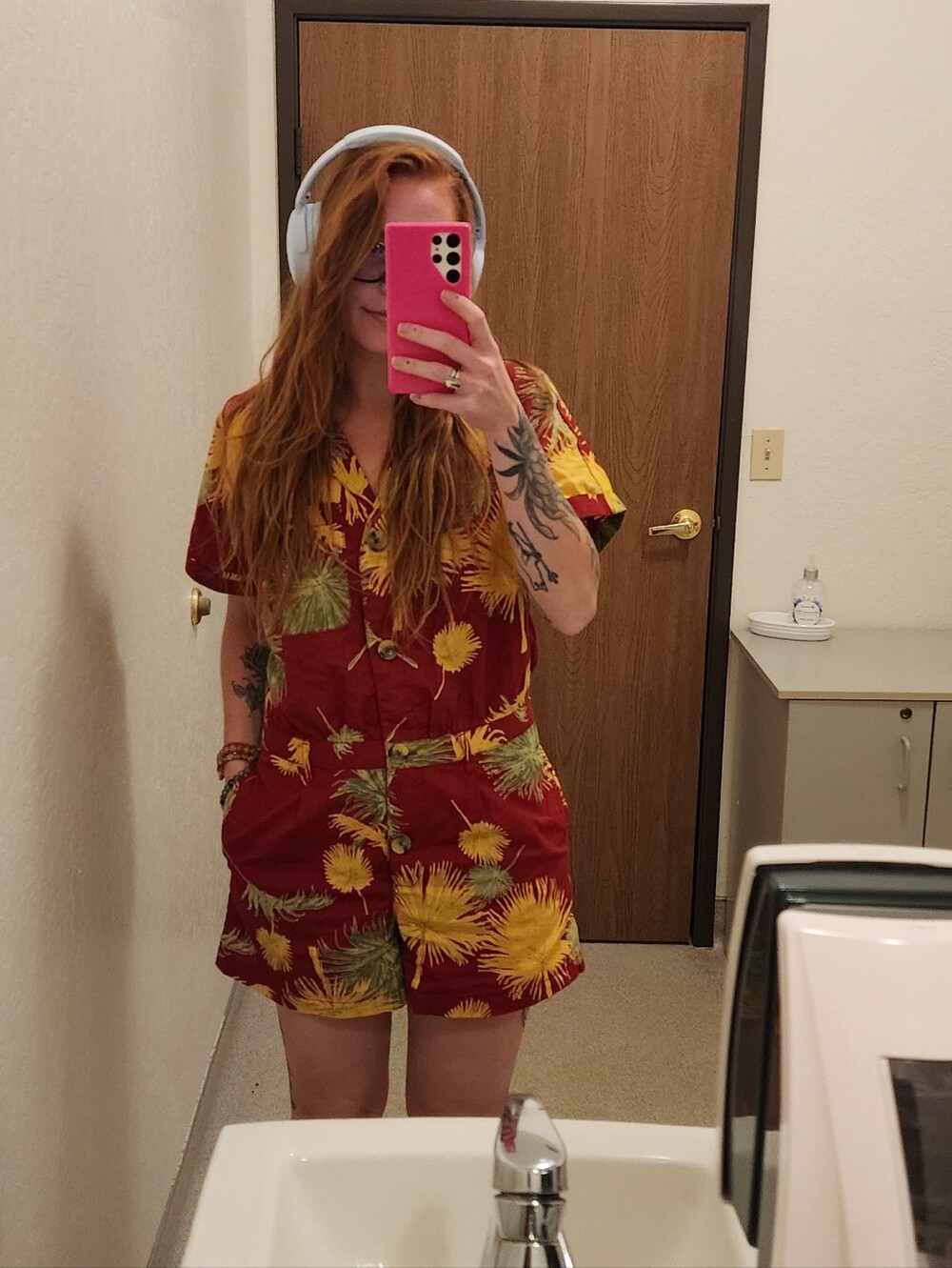 Free People Malibu Romper Autumn Fall Colors Deep Red Gold Green Palm Trees